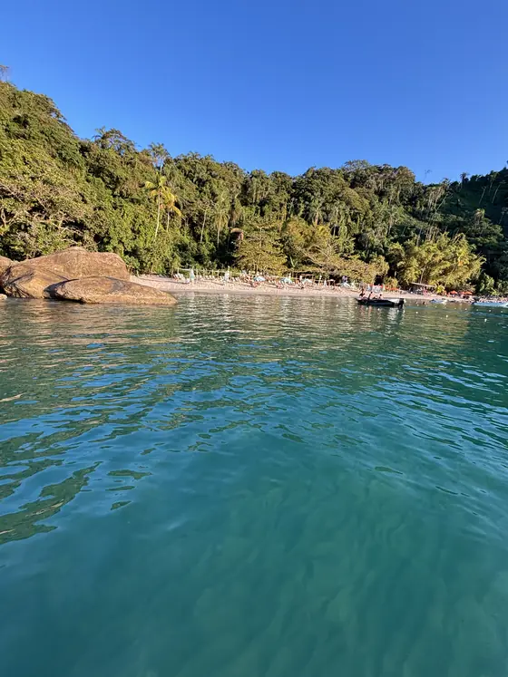 Costão de pedras e a passarela da ilha, vistos do mar.