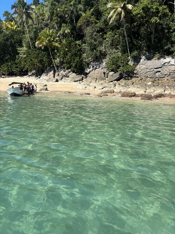 Barco fundeado na beira da praia d’As Ilhas, entre coqueiros e pedras.