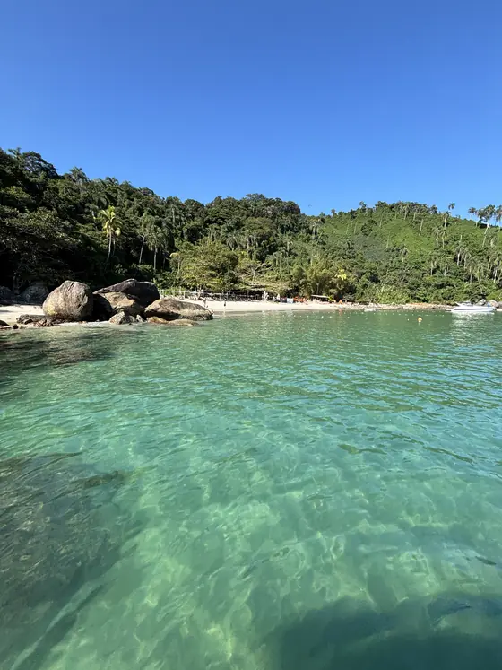 Água rasa e transparente na beira d’As Ilhas, com a mata subindo ao fundo.