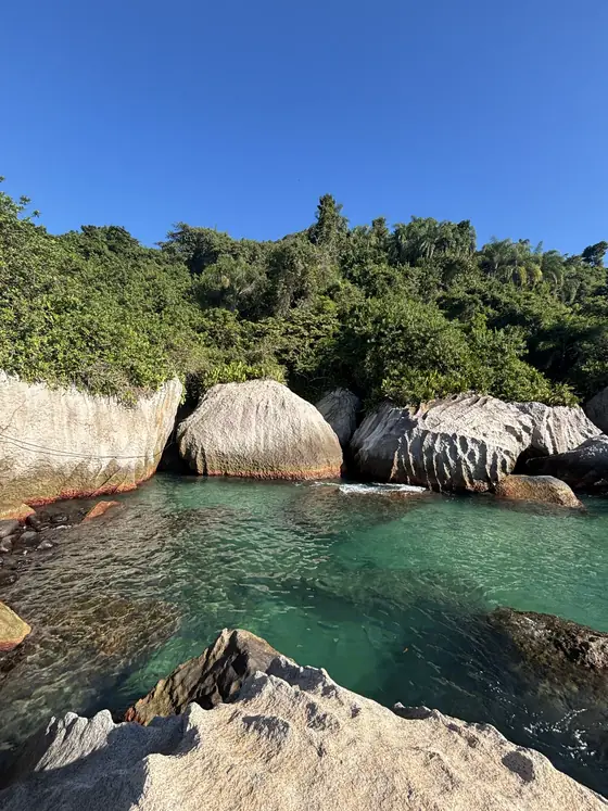 Pedras claras e água transparente vistas da superfície.