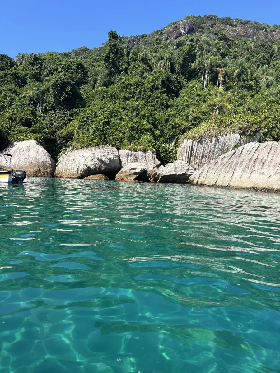 Pedras brancas e água verde na borda de uma das ilhas do roteiro.